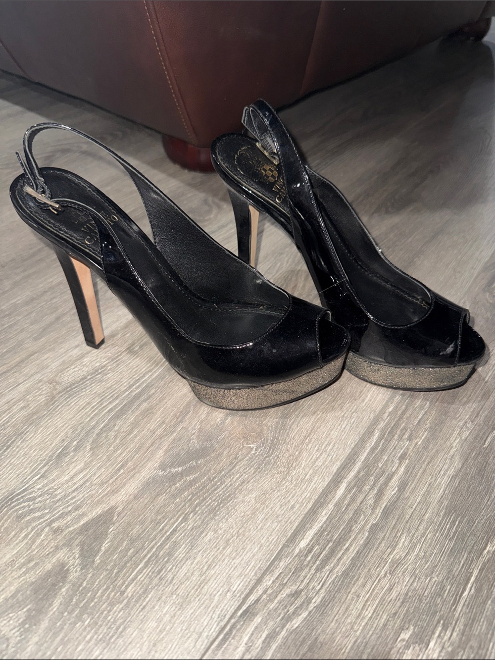 Vince Camuto Black Patent Peep-Toe Slingback Heels with gun metal Platform